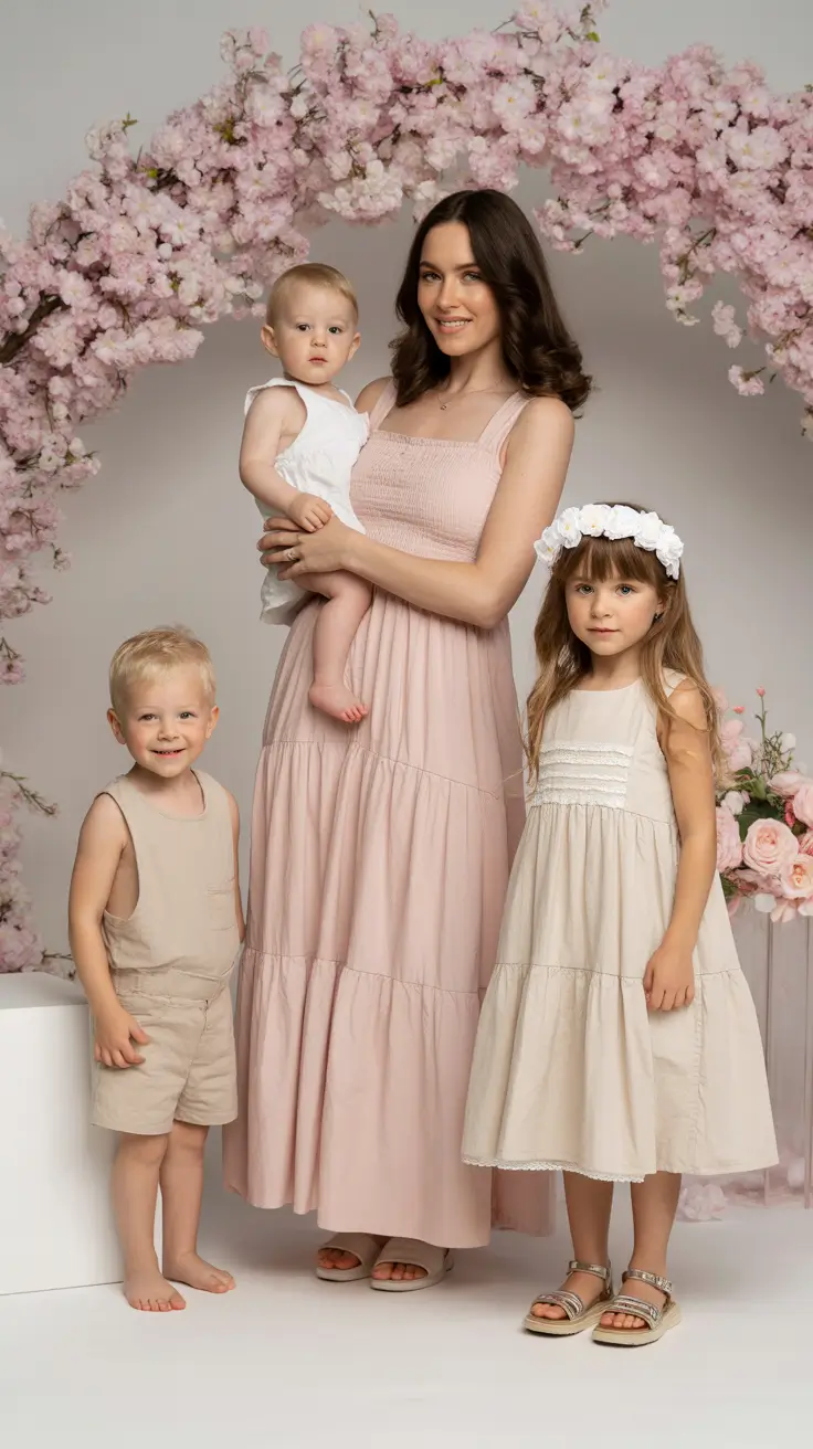 spring family pictures outfits 2026 Studio Blush and Cream Minimal Elegance