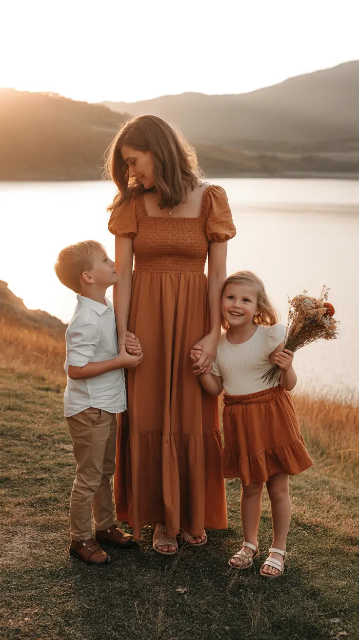 spring family pictures outfits 2026 Warm Neutrals for an Early Spring Lakeside Moment