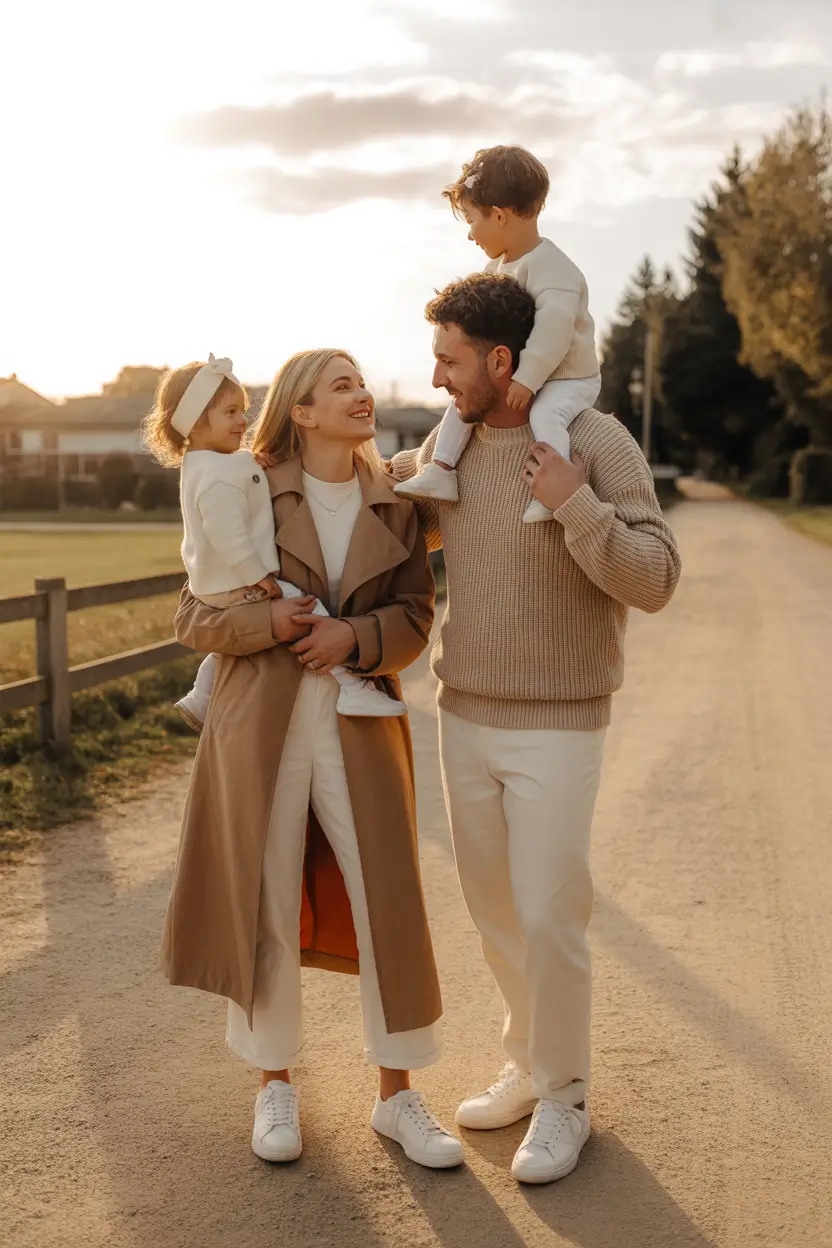 spring family pictures outfits 2026 Warm Neutral Layers for Golden Hour