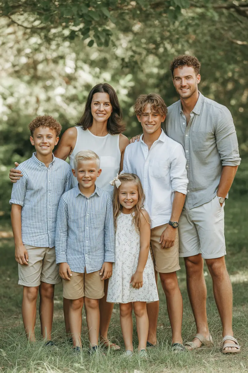 spring family pictures outfits 2026 Blue and Neutral Coastal Classic