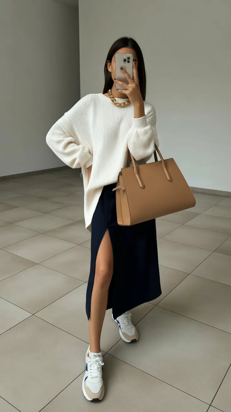 airport spring outfits 2026 Chunky Sweater With a Sneaker Skirt Moment