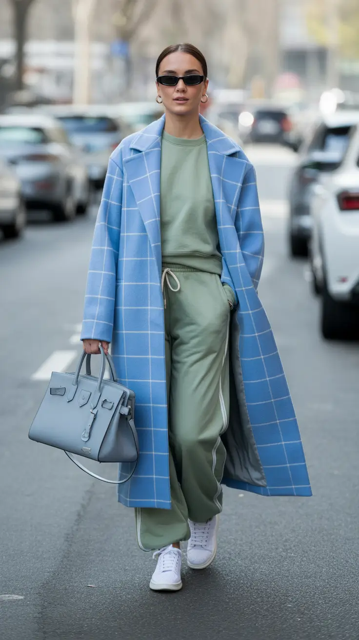 airport spring outfits 2026 Sage Sweatsuit With a Blue Statement Coat