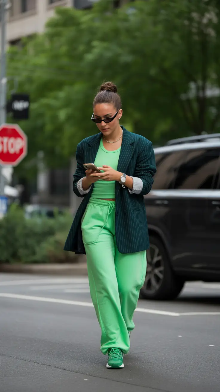 airport spring outfits 2026 Neon Green Street Style With a Blazer Twist