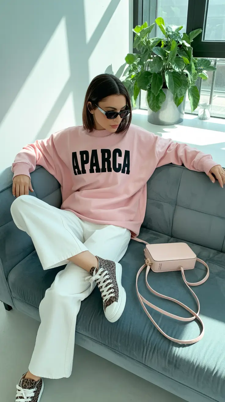 airport spring outfits 2026 Pink Sweatshirt and White Pants for Lounge Chic