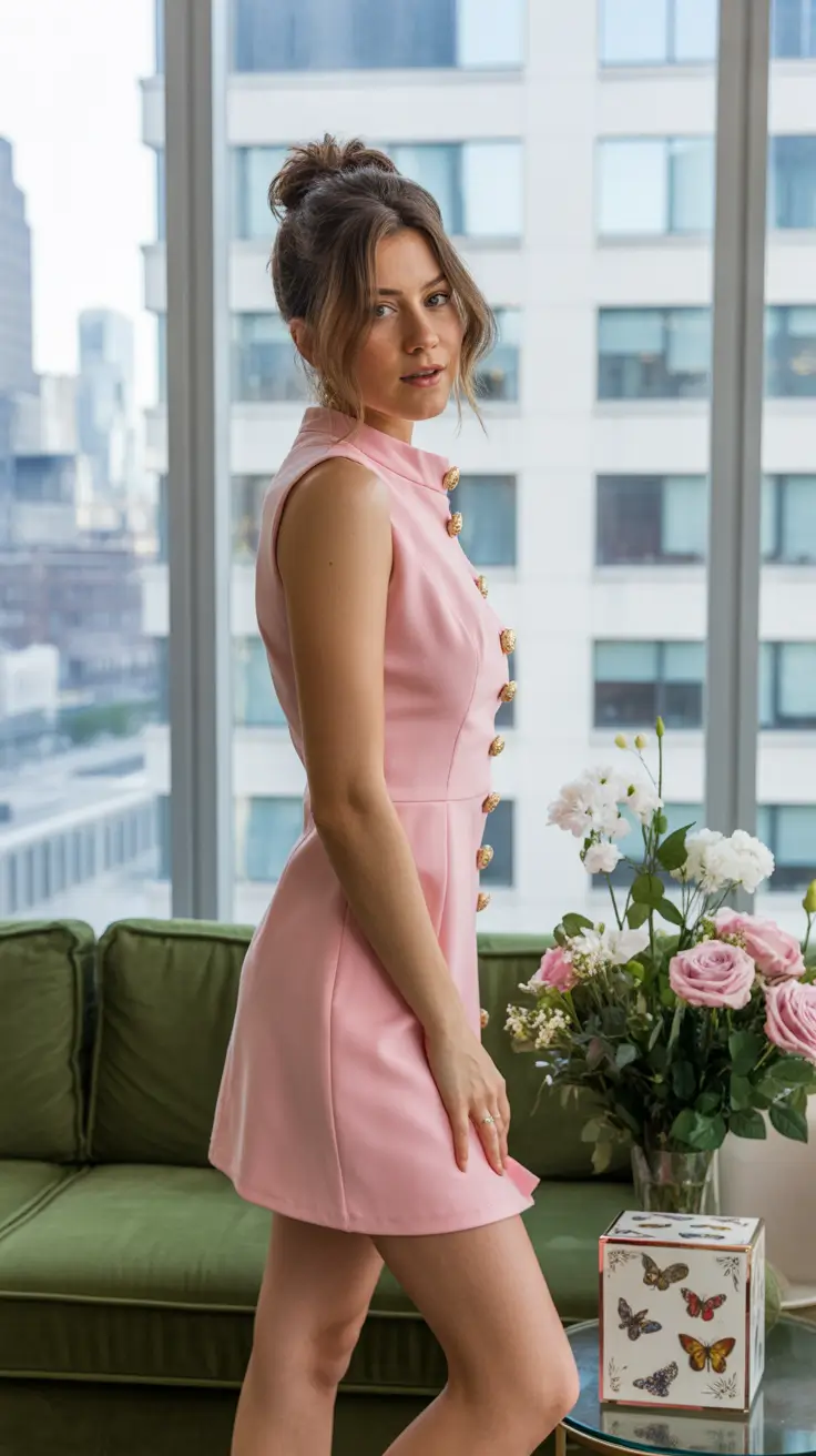 paris spring outfit 2026 Pink Button Mini Dress With Soft Elegance