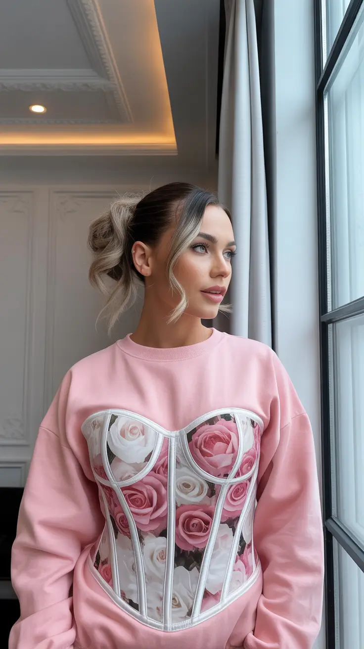 paris spring outfit 2026 Rose Corset Sweatshirt With Romantic Edge