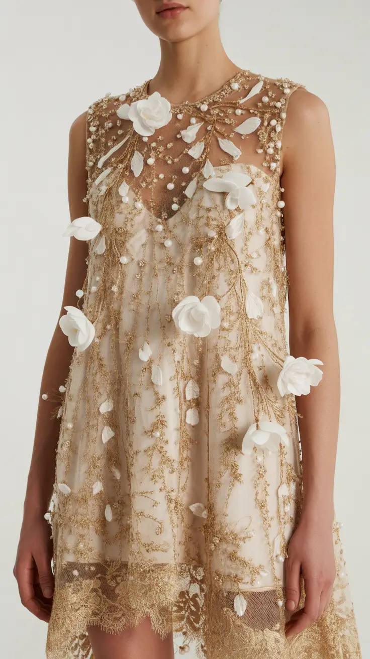 paris spring outfit 2026 Gold Floral Dress With Couture Romance