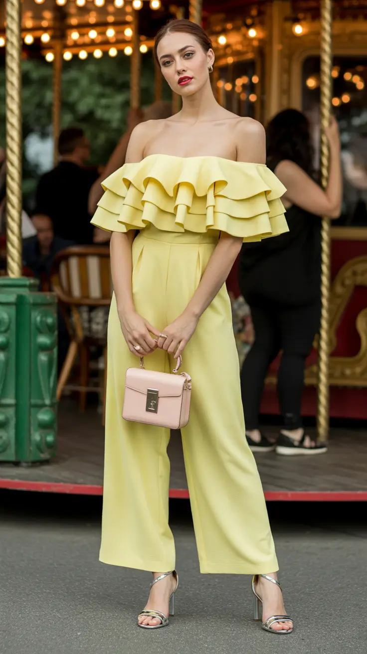 paris spring outfit 2026 Butter Yellow Ruffle Jumpsuit With Paris Playfulness