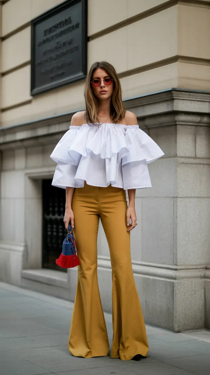 paris spring outfit 2026 Off Shoulder White Top With Golden Flares
