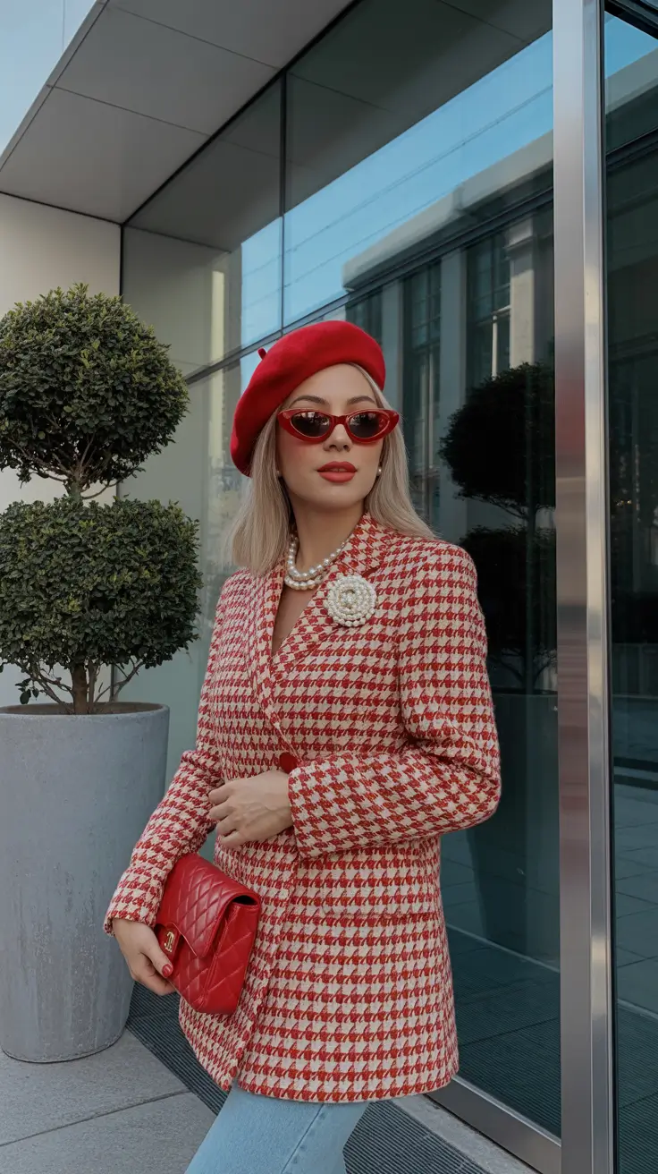 paris spring outfit 2026 Red Beret And Tweed Blazer For Paris Chic