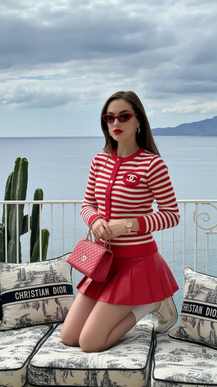 paris spring outfit 2026 Striped Cardigan And Mini Skirt For Riviera Energy