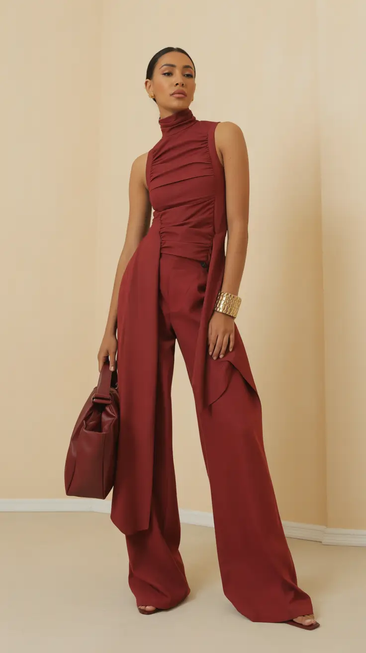 paris spring outfit 2026 Burgundy Draped Jumpsuit For Minimal Glam