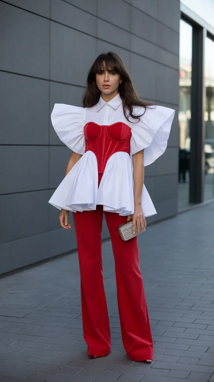 paris spring outfit 2026 Architectural White And Red Statement Set