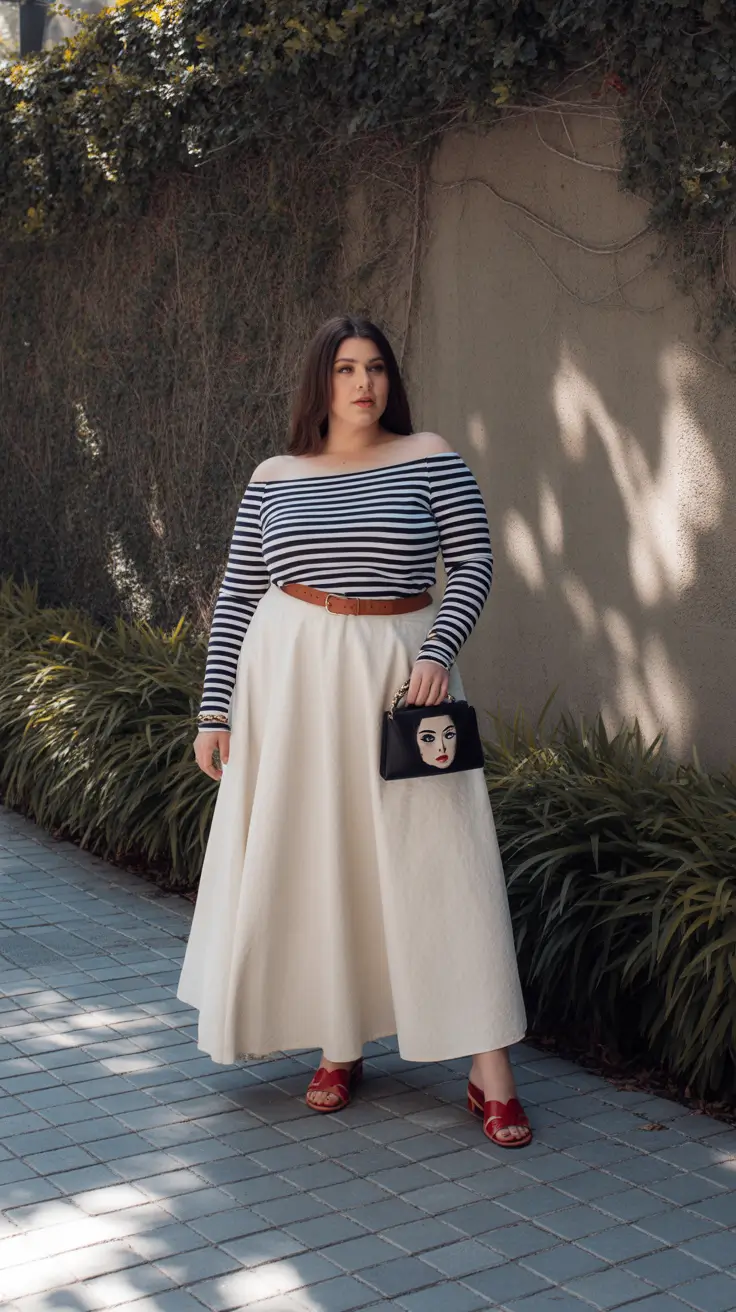 plus size spring outfits 2026 French Stripes and Full Skirts for City Spring