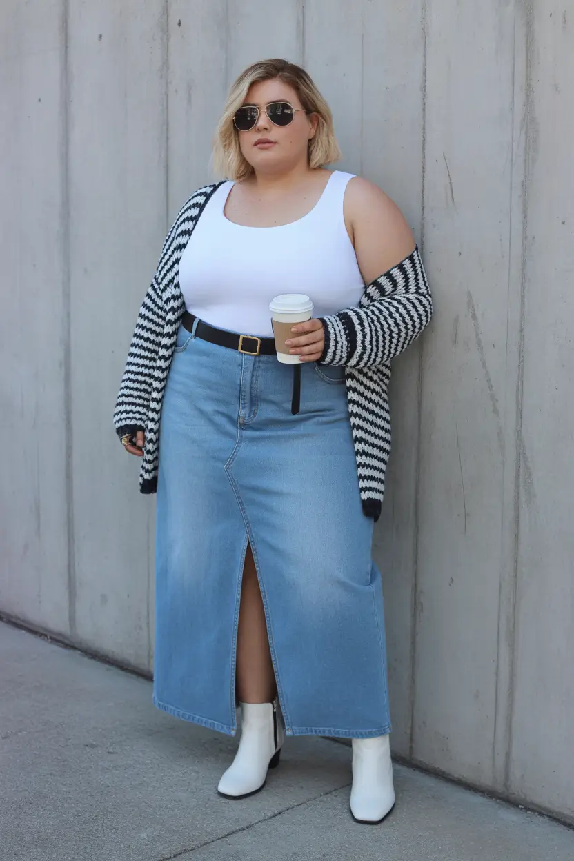 plus size spring outfits 2026 Denim Midi Skirts With a Cool Girl Cardigan