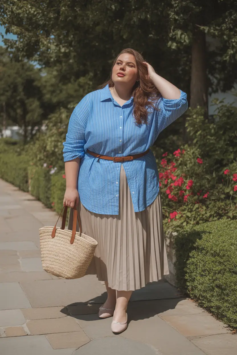 plus size spring outfits 2026 Striped Shirt and Pleated Skirt