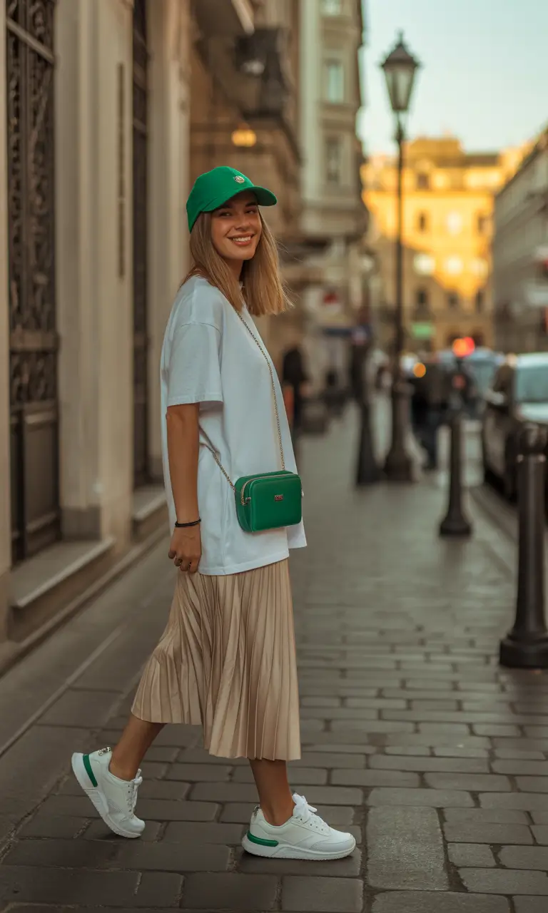 sneakers spring outfit 2026 Beige Skirt and Green Sneakers for a Weekend Walk