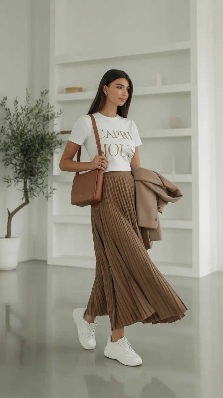 sneakers spring outfit 2026 Brown Pleated Skirt with White Sneakers and a Graphic Tee