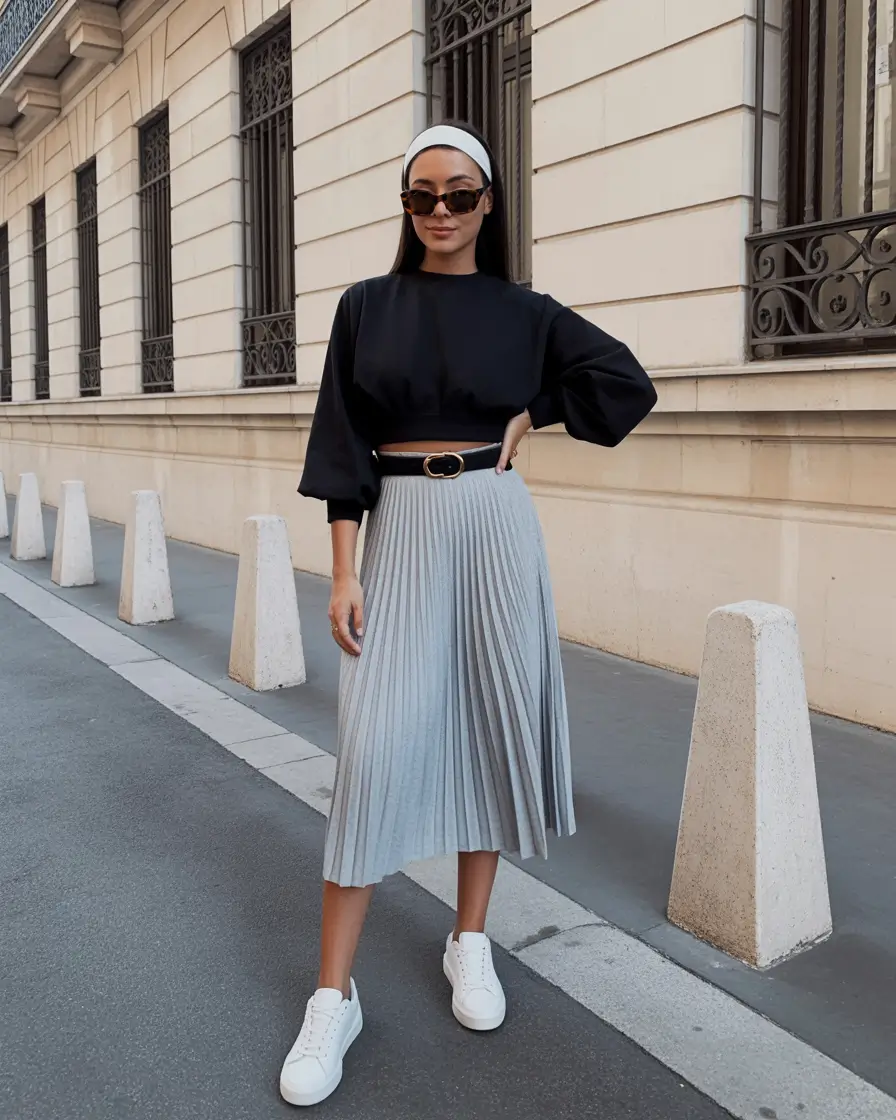 sneakers spring outfit 2026 Grey Pleated Skirt with Black Top and White Sneakers