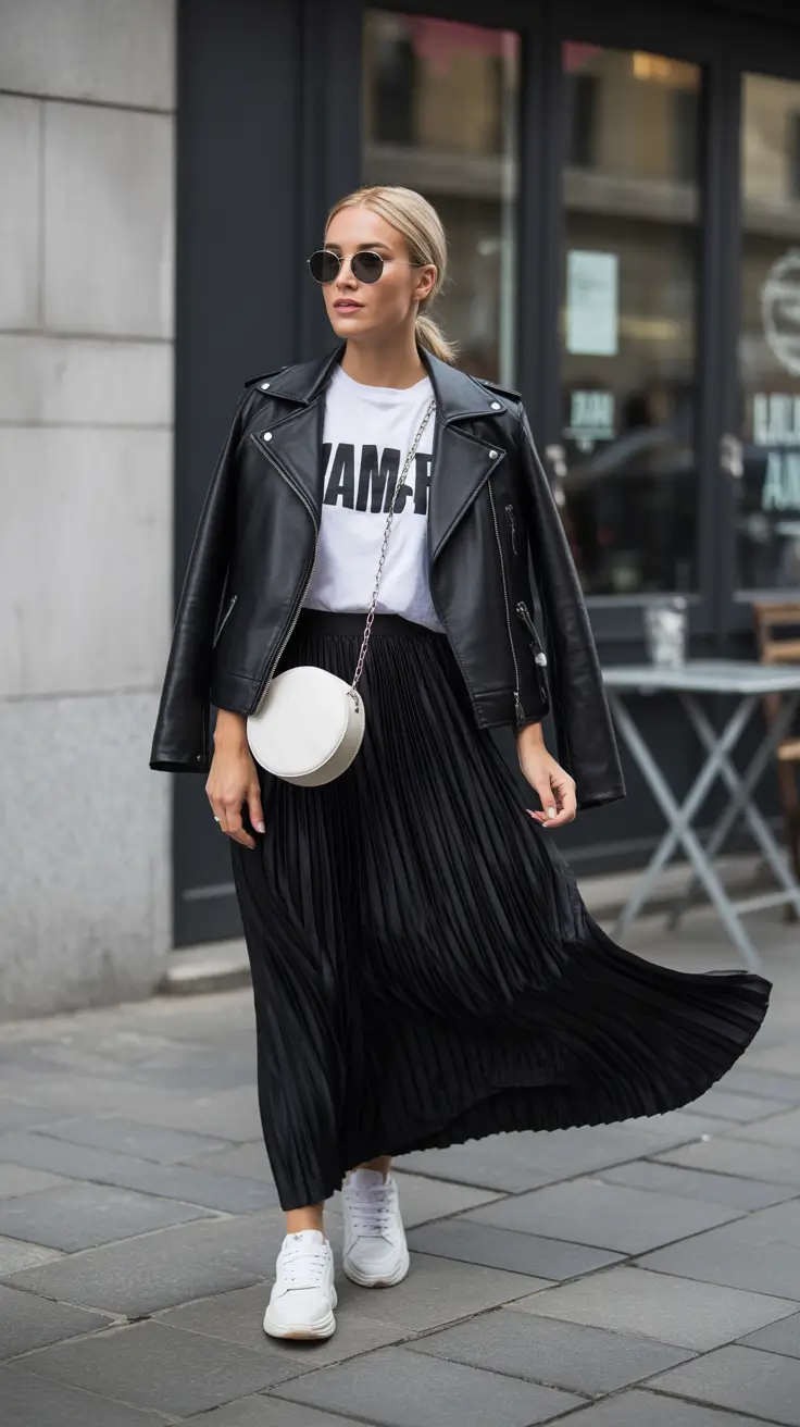 sneakers spring outfit 2026 Black Skirt and White Sneakers with a Leather Jacket