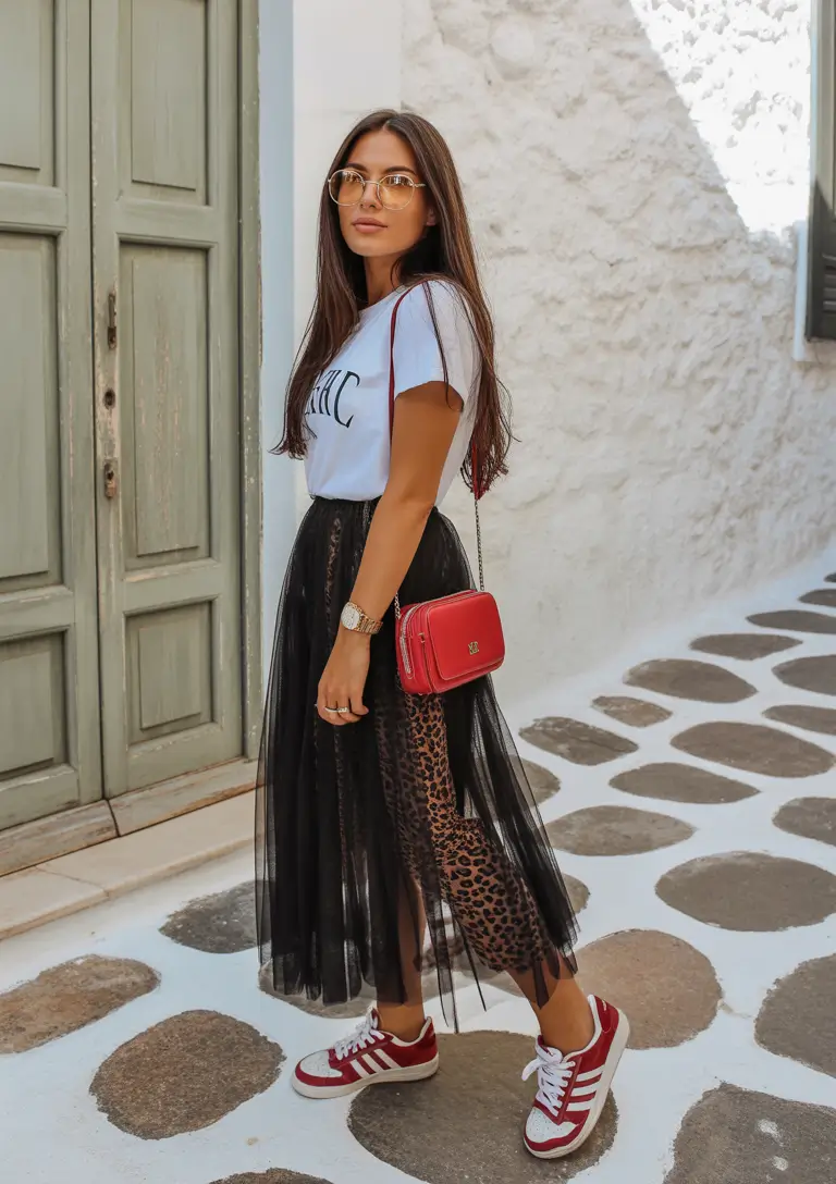 sneakers spring outfit 2026 Red Adidas Sneakers with a Leopard Skirt Layer