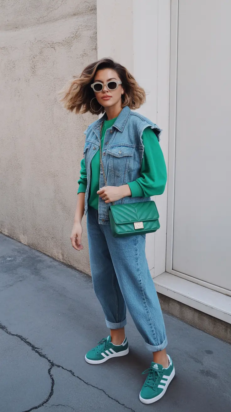 sneakers spring outfit 2026 Green Denim Layers With Adidas