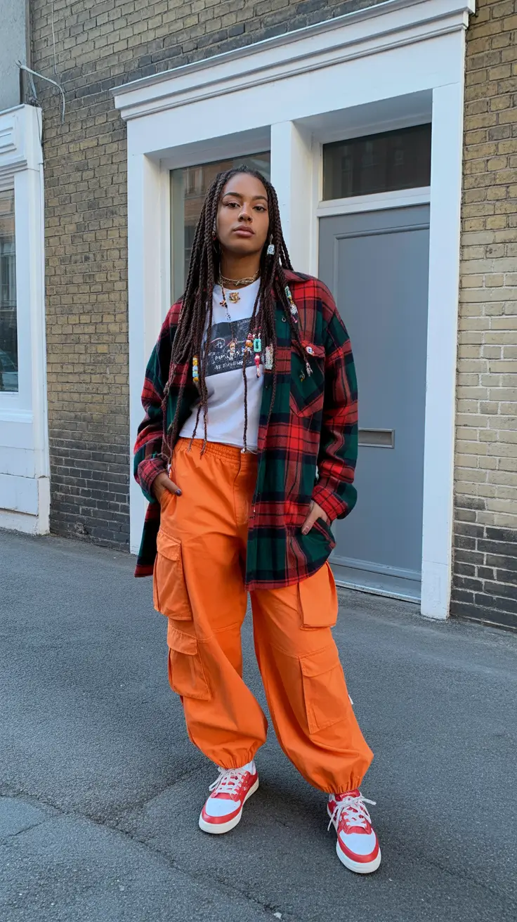 sneakers spring outfit 2026 Streetwear Plaid With Red Sneakers