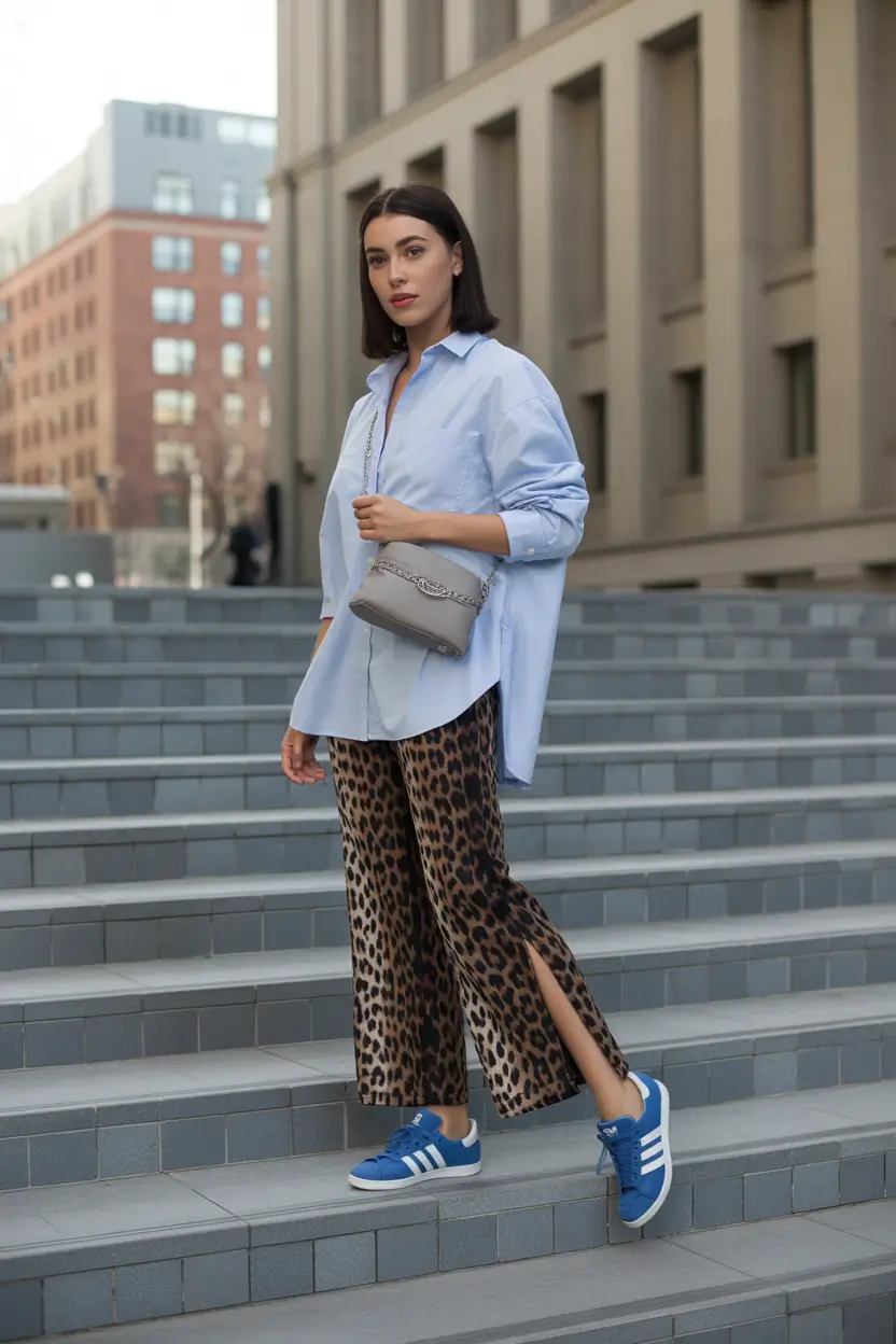 sneakers spring outfit 2026 Leopard and Adidas