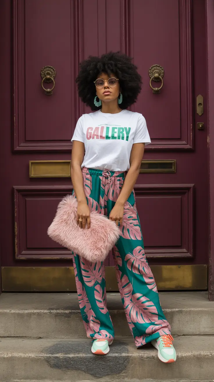 sneakers spring outfit 2026 Pink Tropical Pants with Fresh Sneakers Energy