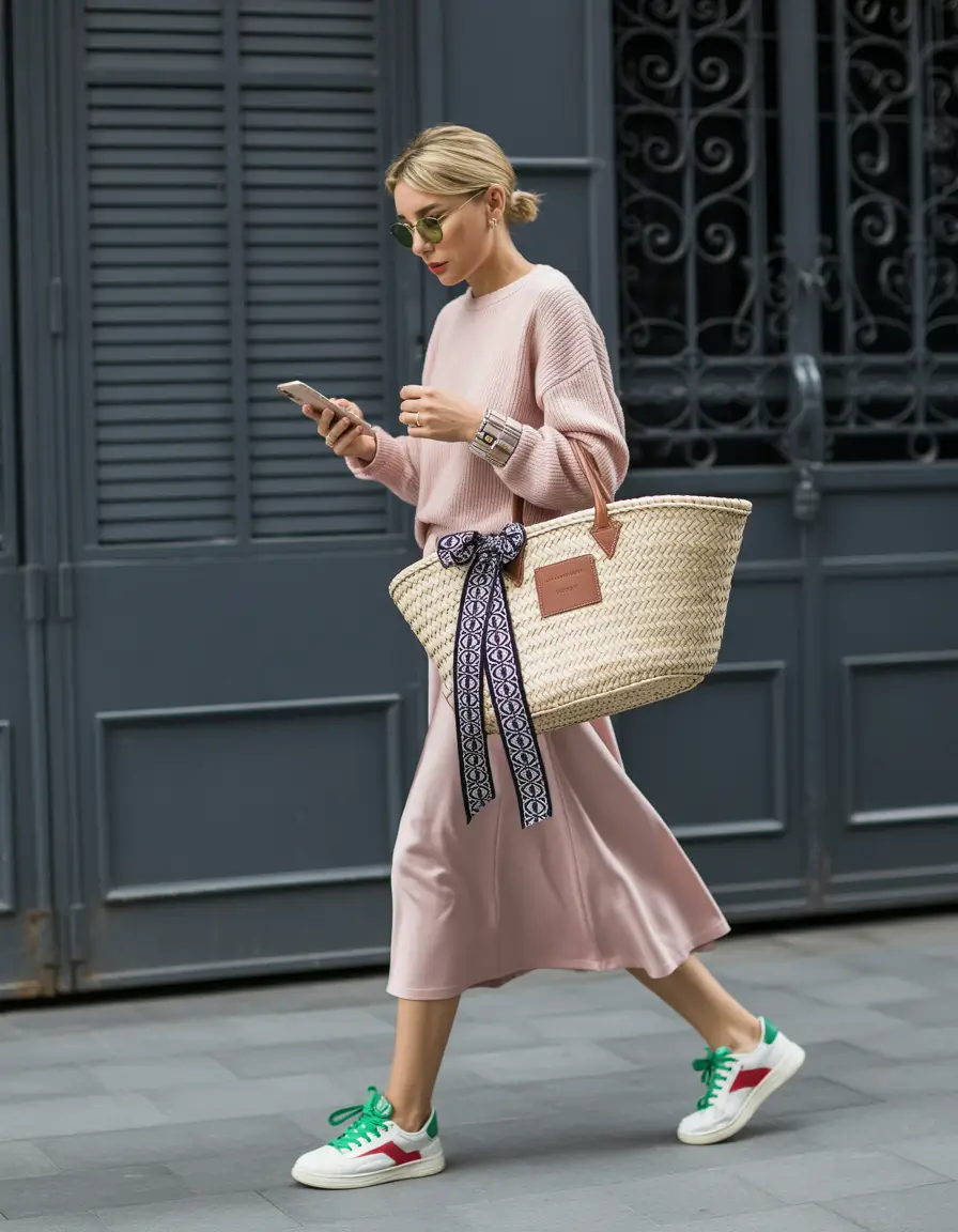 sneakers spring outfit 2026 Soft Pink Dress and Green Red Sneakers