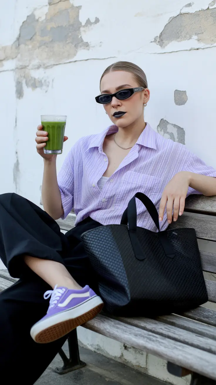 sneakers spring outfit 2026 Lavender Shirt and Black Wide Pants with Purple Sneakers