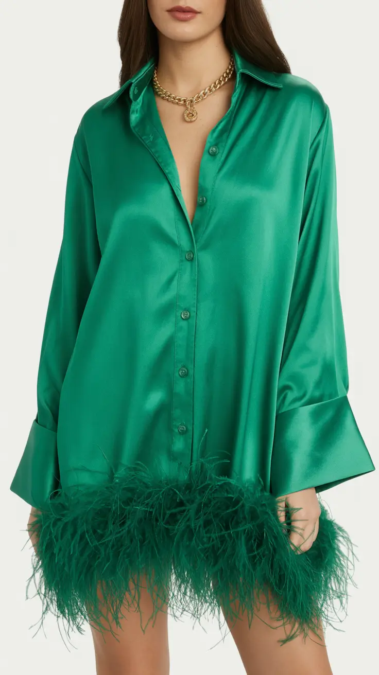 spring birthday outfit 2026 Emerald Satin Shirt Dress With Feather Drama