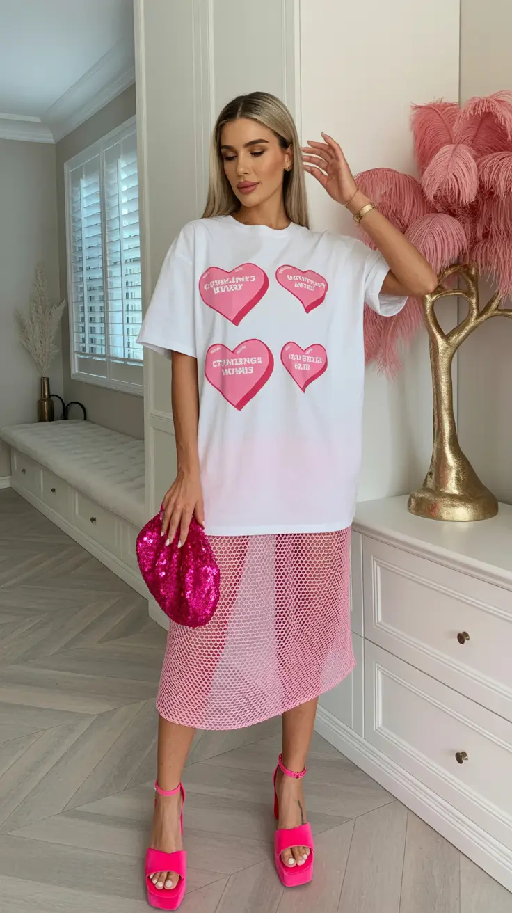 spring birthday outfit 2026 Playful Hearts Tee With Pink Mesh Skirt