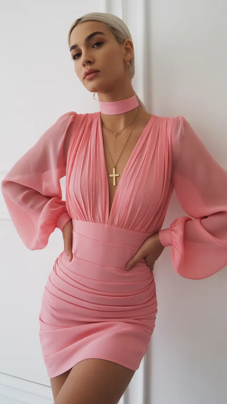 spring birthday outfit 2026 Pink Ruched Mini Dress With Soft Glam Energy