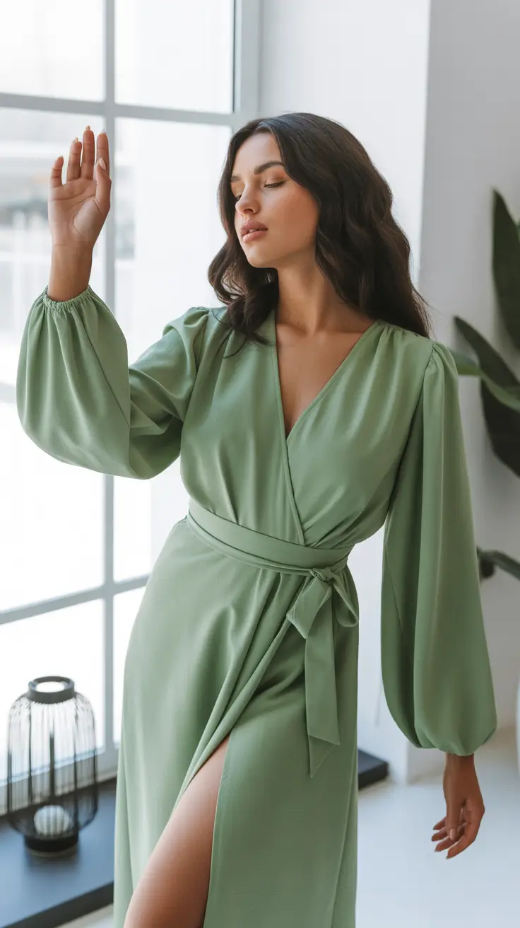 spring birthday outfit 2026 Sage Wrap Dress With Effortless Elegant Flow