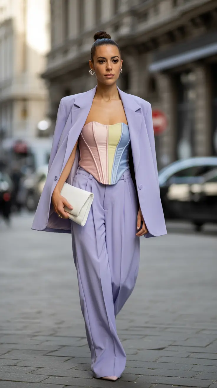 Spring blazer outfits 2026 Lilac Suit with a Corset Top for Dressy Nights