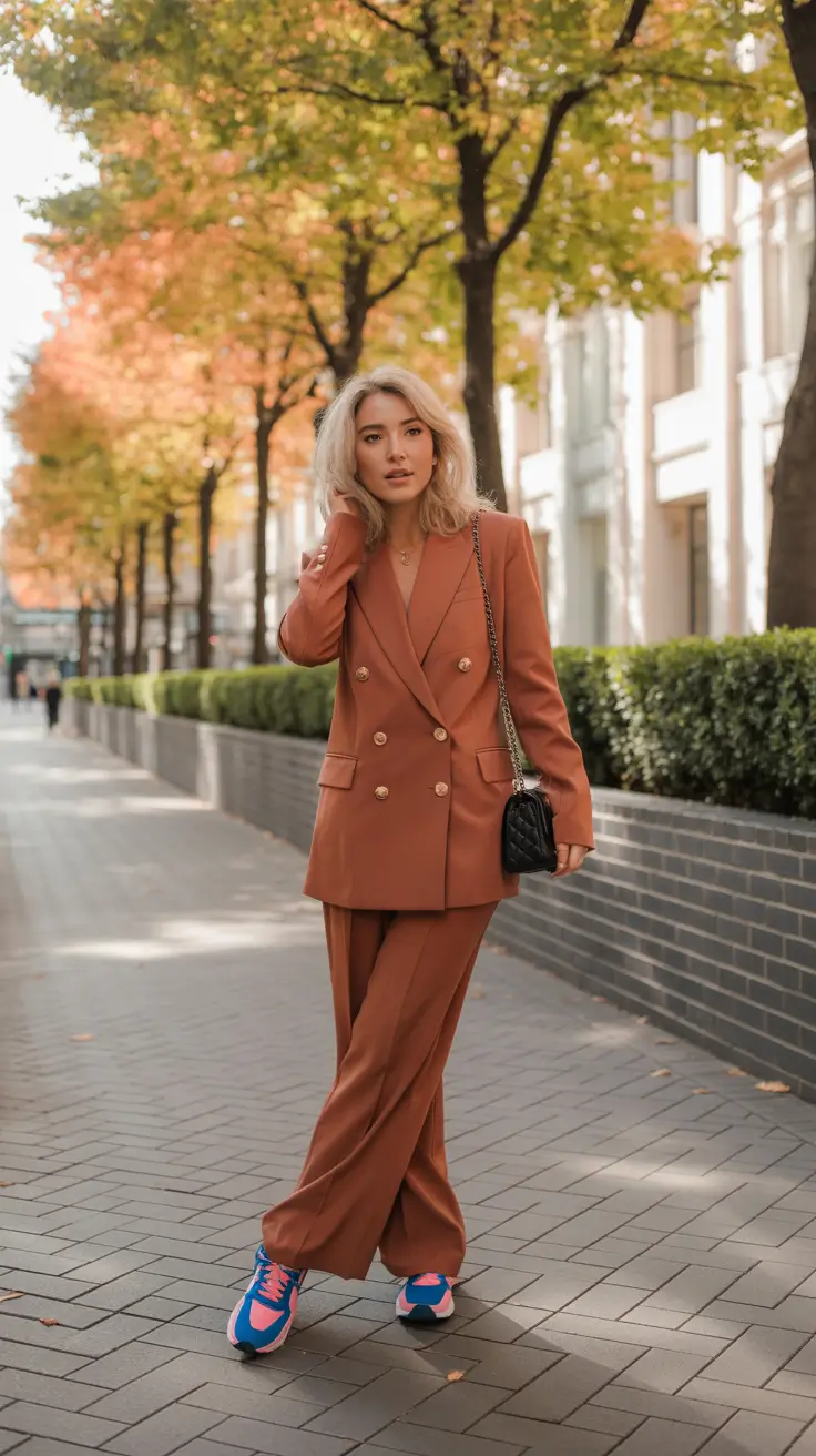 Spring blazer outfits 2026 Cinnamon Suit with Sneakers for Off Duty Cool