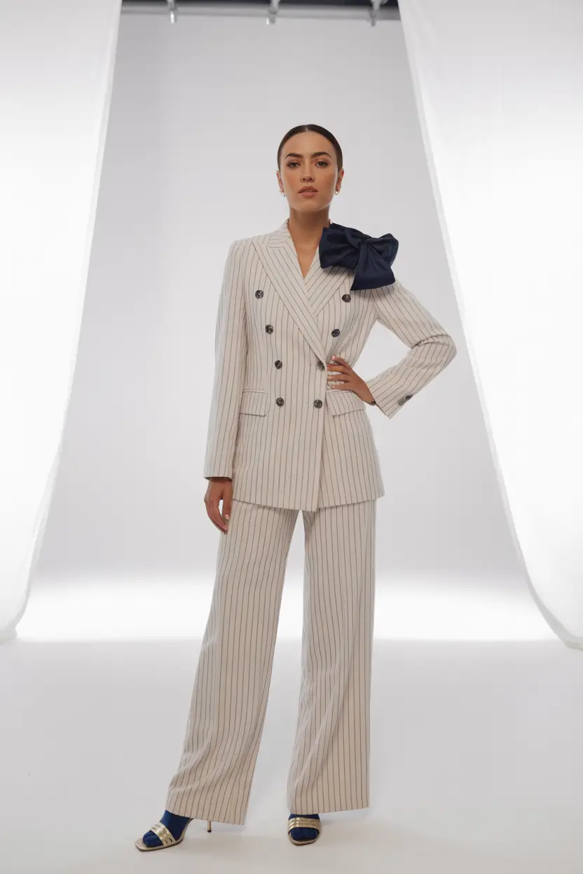 Spring blazer outfits 2026 Pinstripe Suit with a Bow Detail