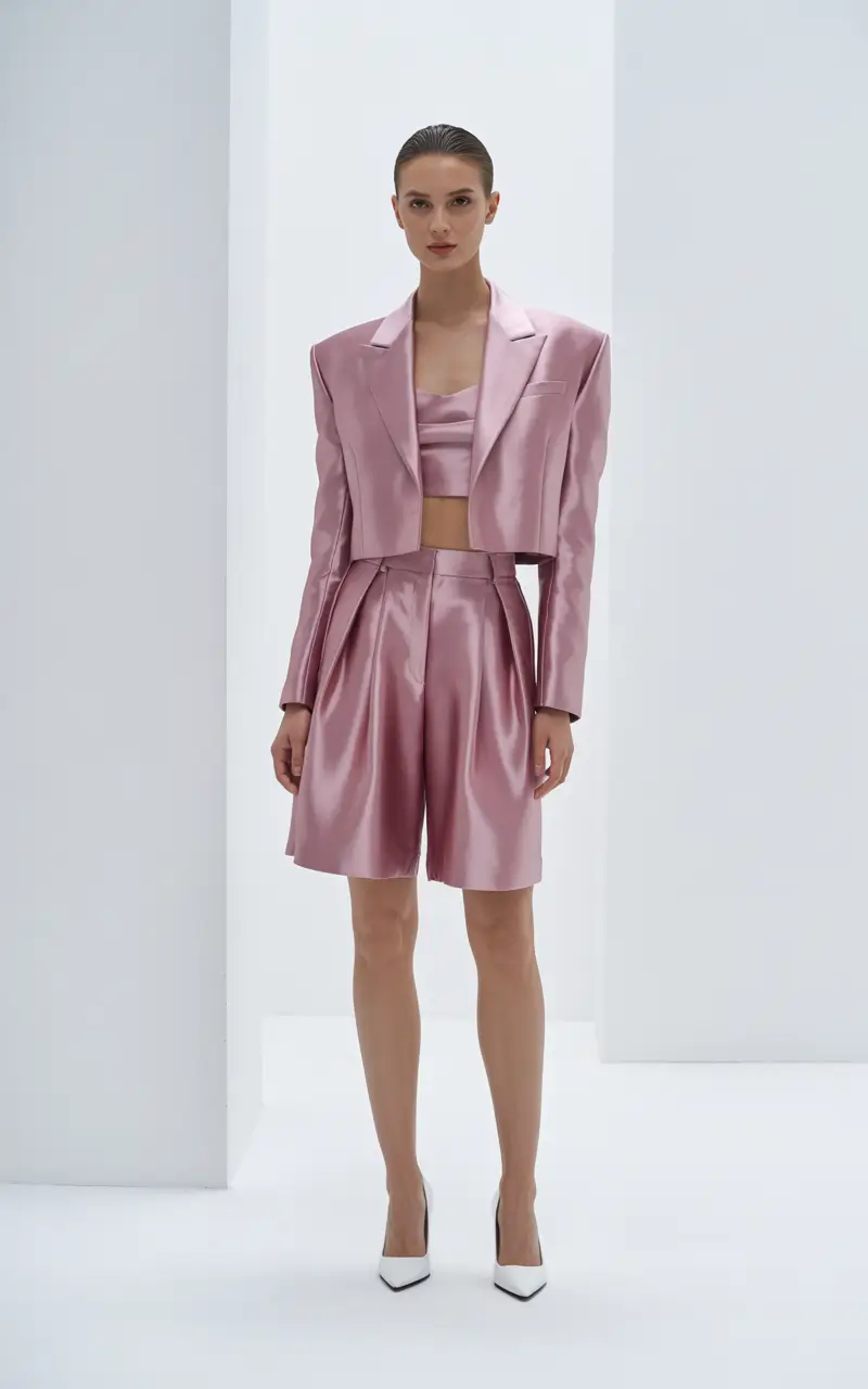 Spring blazer outfits 2026 Satin Pink Set with a Cropped Blazer