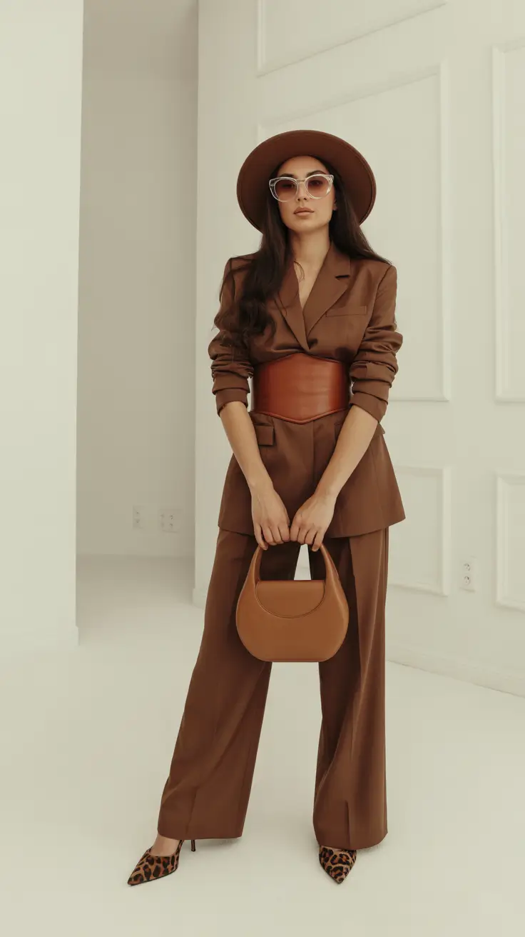 Spring blazer outfits 2026 Chocolate Suiting With a Corset Belt Moment