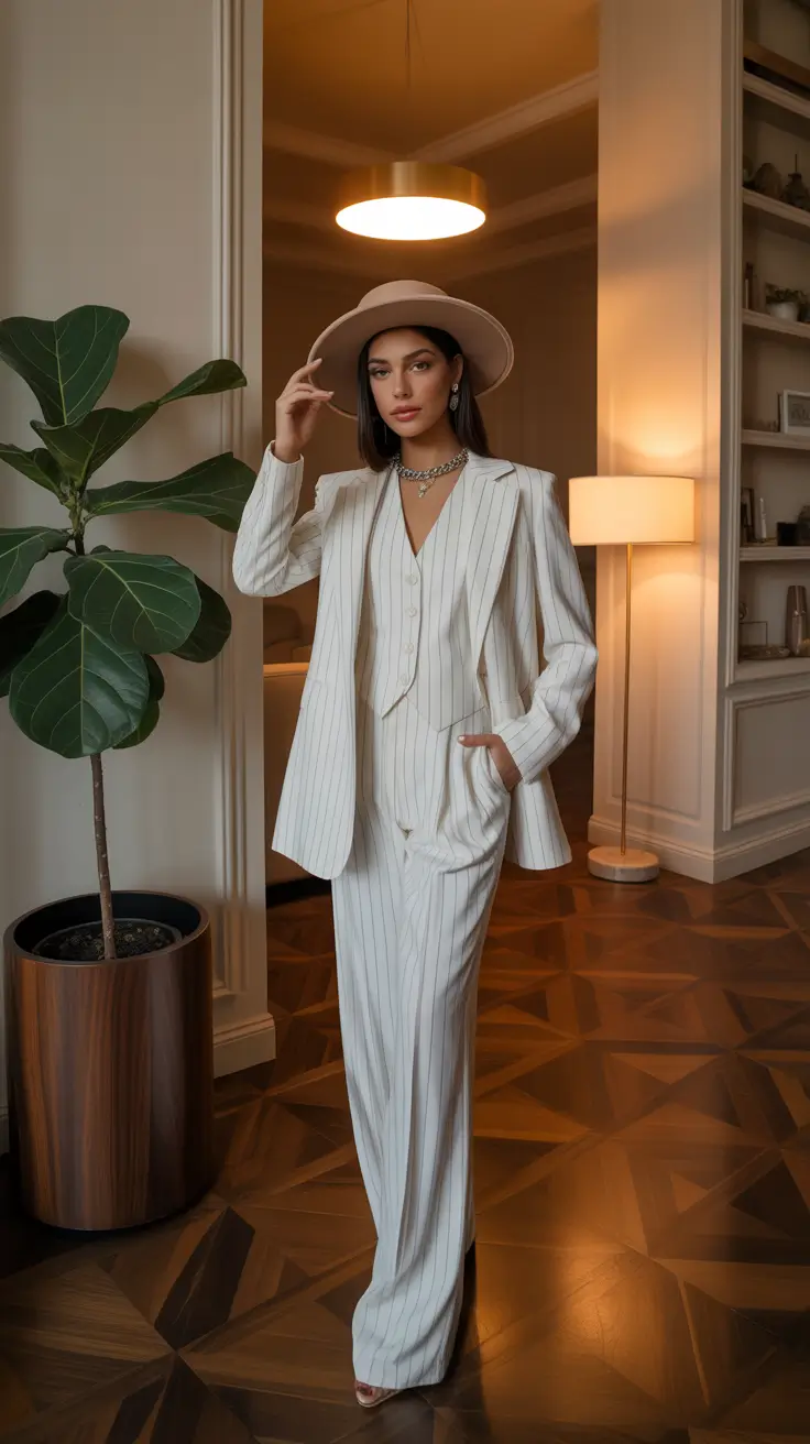 Spring blazer outfits 2026 Ivory Pinstripe Set for Soft Business Casual Days