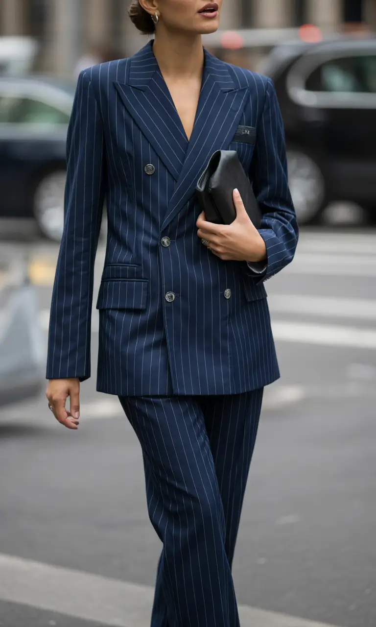 Spring blazer outfits 2026 Navy Pinstripe Suit for Serious Work Energy