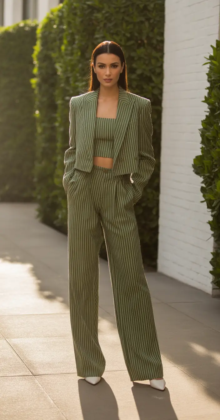 Spring blazer outfits 2026 Green Pinstripe Power Set with a Cropped Twist