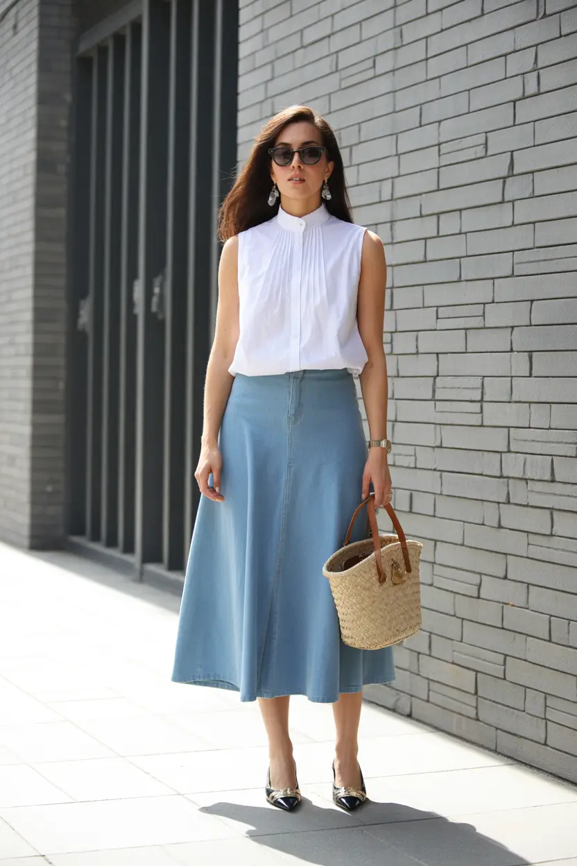 spring business casual outfits 2026 Denim Midi Skirt for Modern Business Casual