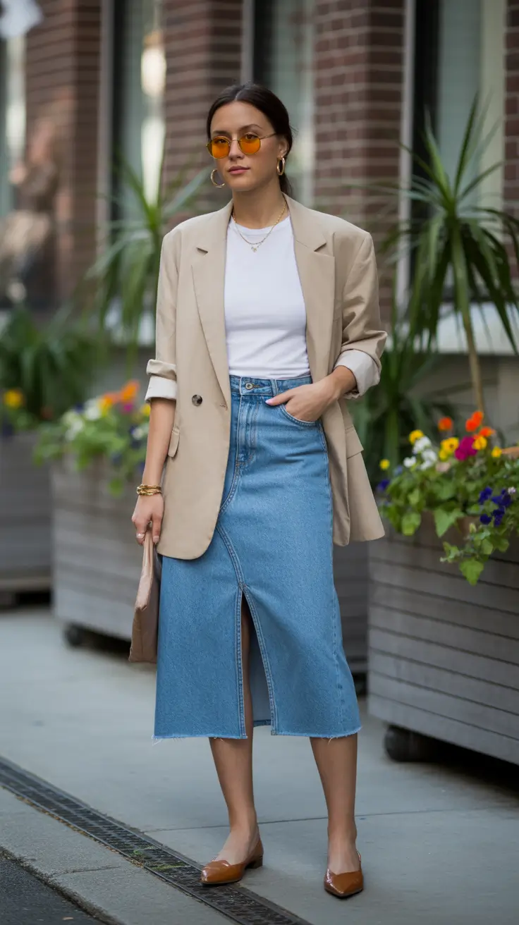 spring business casual outfits 2026 Denim Midi Skirt With a Beige Blazer