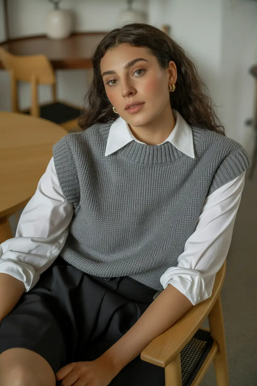 spring business casual outfits 2026 Modern Layering With a Polished Knit Vest