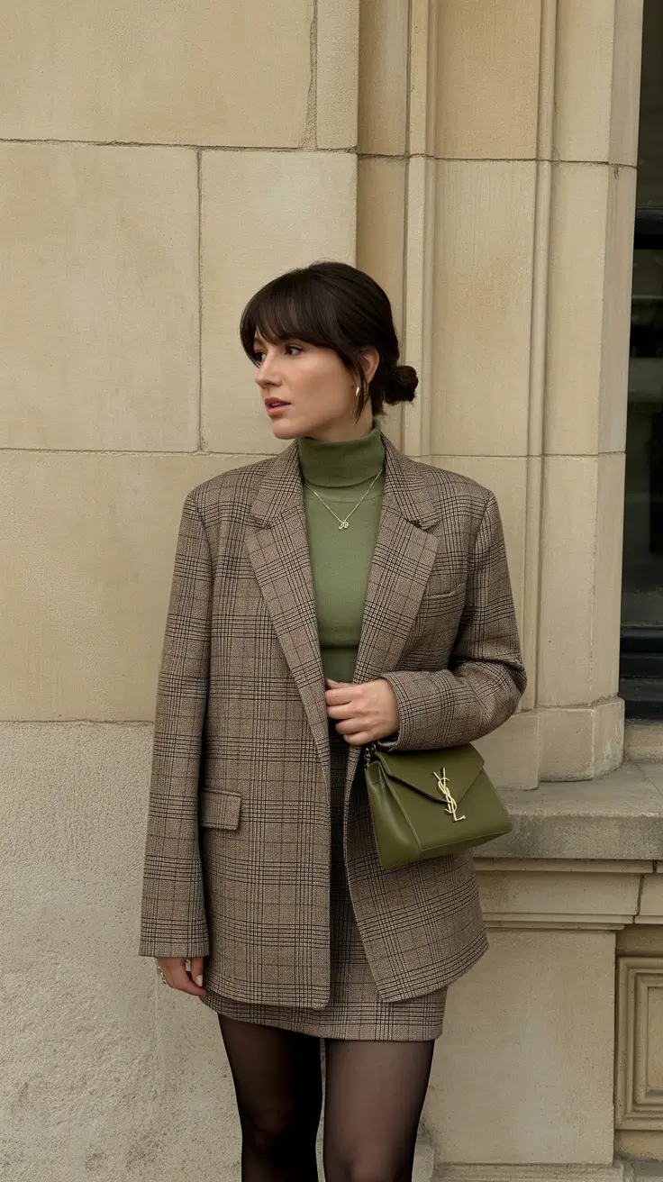 spring business casual outfits 2026 Green Turtleneck and Plaid Mini Suit