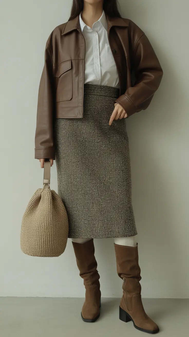 spring business casual outfits 2026 Leather Jacket and Tweed Pencil Skirt