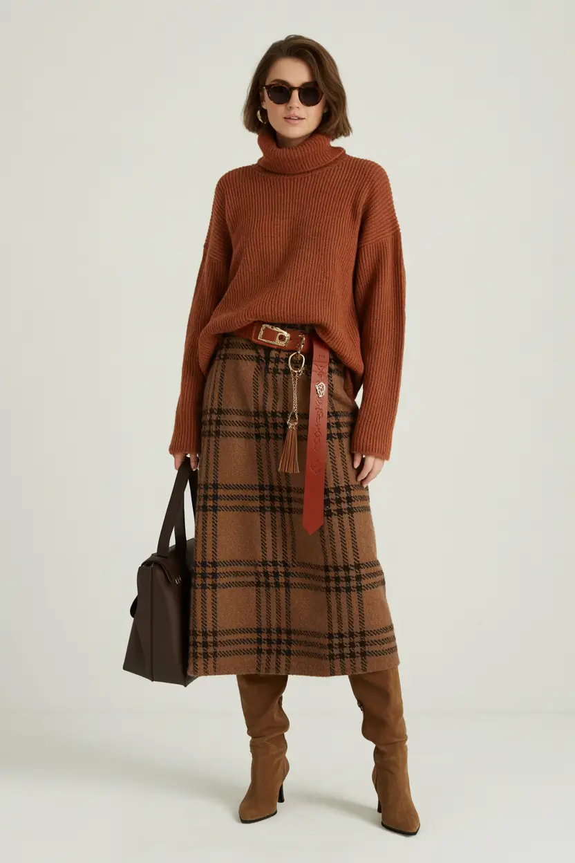 spring business casual outfits 2026 Rust Sweater and Plaid Midi Skirt