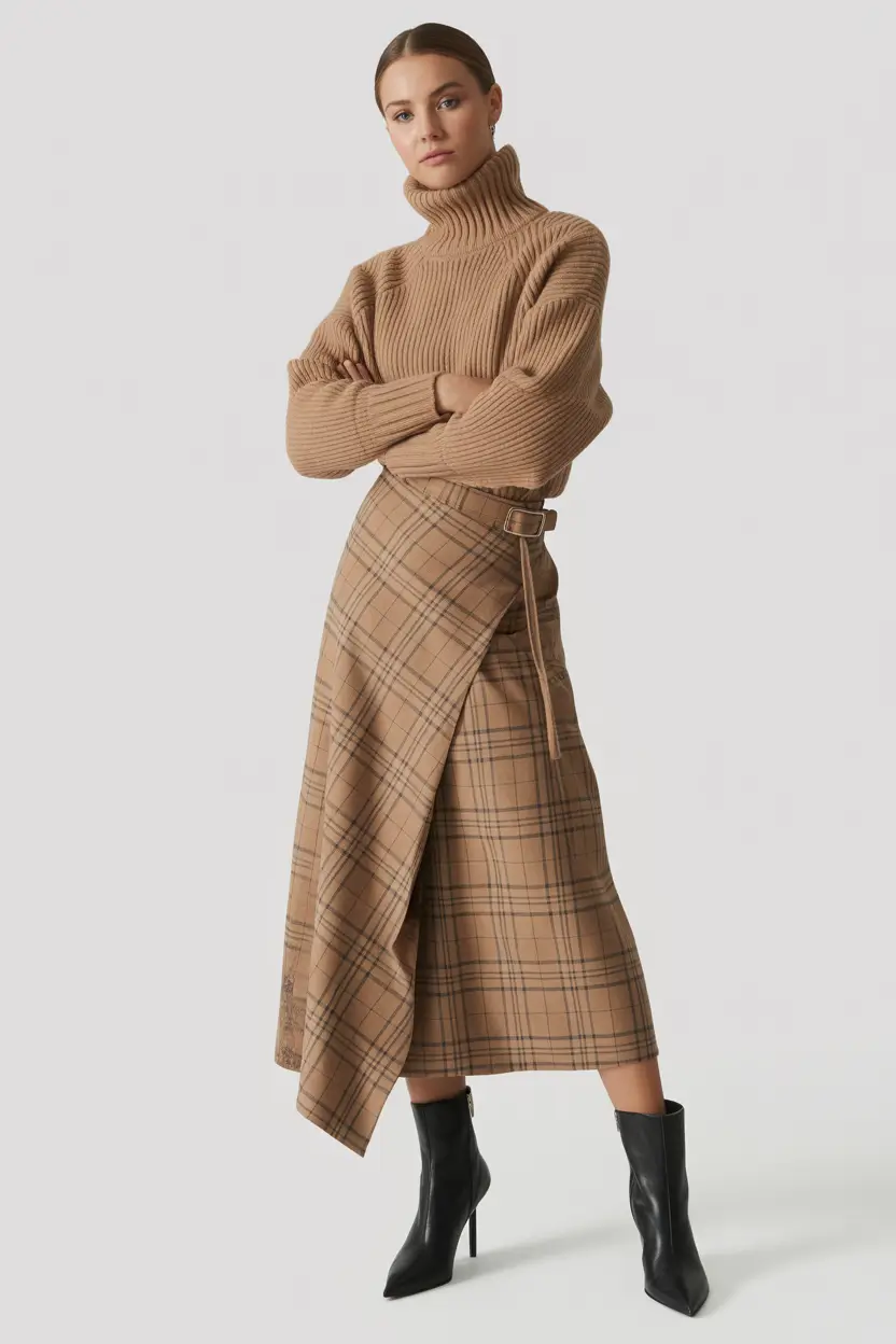 spring business casual outfits 2026 Beige Knit and Wrap Plaid Skirt With Boots